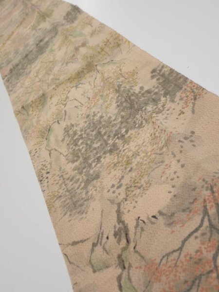 Photo2: 3J10z30  Japanese Kimono Crepe Silk  FABRIC Scenery Light brown 38.2x6.7 (2)