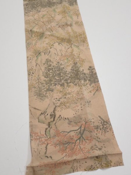 Photo3: 3J10z30  Japanese Kimono Crepe Silk  FABRIC Scenery Light brown 38.2x6.7 (3)