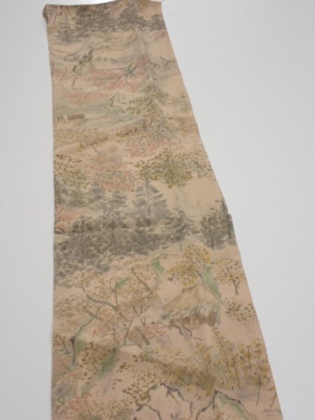 Photo4: 3J10z30  Japanese Kimono Crepe Silk  FABRIC Scenery Light brown 38.2x6.7 (4)