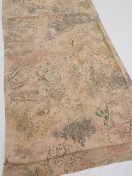 Photo2: 3J01z60  Japanese Kimono Crepe Silk  FABRIC Scenery Light brown 40.9x14.6 (2)