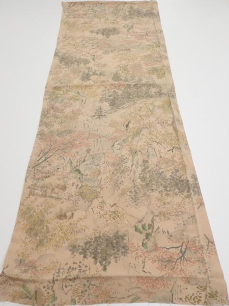 Photo5: 3J01z60  Japanese Kimono Crepe Silk  FABRIC Scenery Light brown 40.9x14.6 (5)