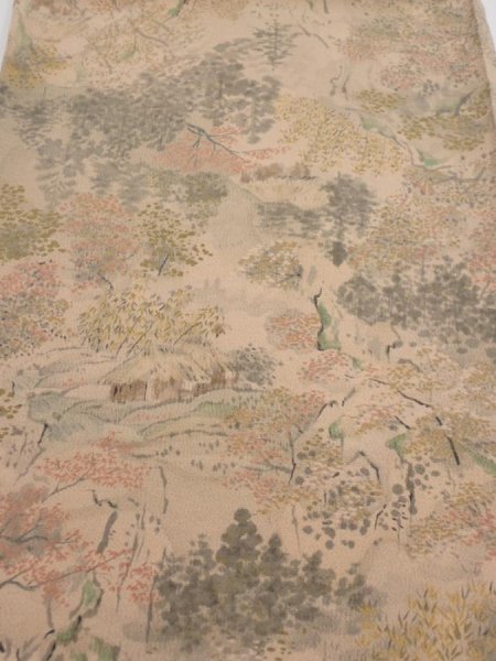 Photo1: 3J02z60  Japanese Kimono Crepe Silk  FABRIC Scenery Light brown 41.3x14.6 (1)