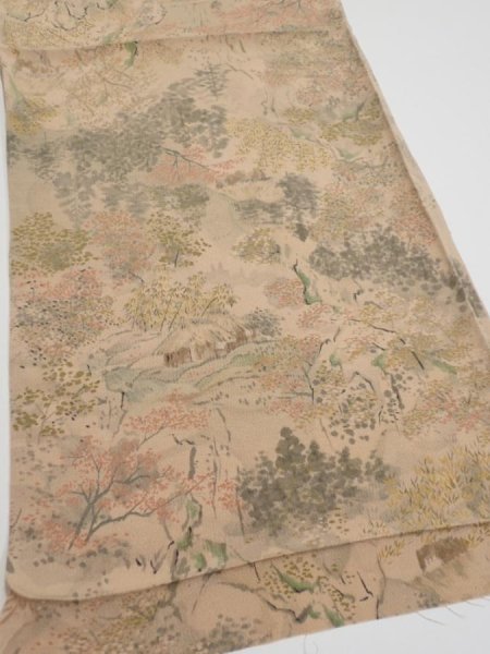 Photo2: 3J02z60  Japanese Kimono Crepe Silk  FABRIC Scenery Light brown 41.3x14.6 (2)