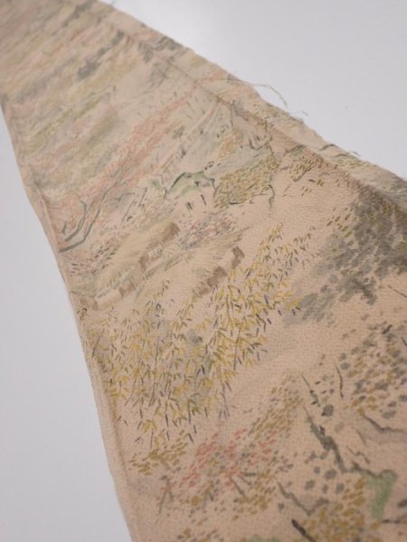 Photo1: 3J07z50  Japanese Kimono Crepe Silk  FABRIC Scenery Light brown 61.4x7.7 (1)