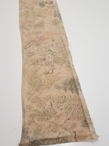 Photo2: 3J07z50  Japanese Kimono Crepe Silk  FABRIC Scenery Light brown 61.4x7.7 (2)