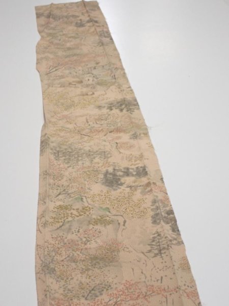 Photo3: 3J07z50  Japanese Kimono Crepe Silk  FABRIC Scenery Light brown 61.4x7.7 (3)