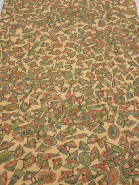 Photo1: 3J04z60  Japanese Kimono Silk  FABRIC Umbrella Cream yellow 59.8x14.0 (1)