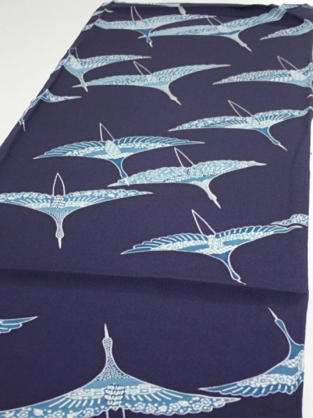 Photo2: 3J01z80  Japanese Kimono Silk  FABRIC Flying crane Dark navy 59.8x14.4 (2)