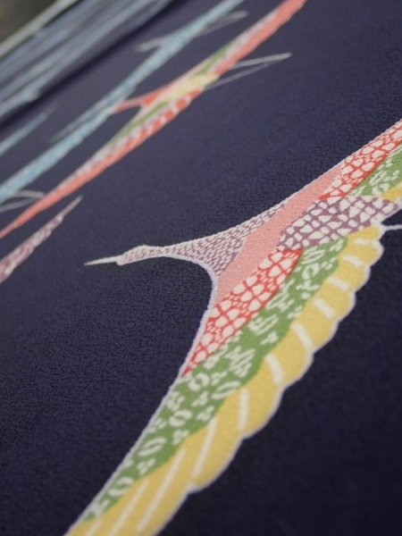 Photo3: 3J01z80  Japanese Kimono Silk  FABRIC Flying crane Dark navy 59.8x14.4 (3)