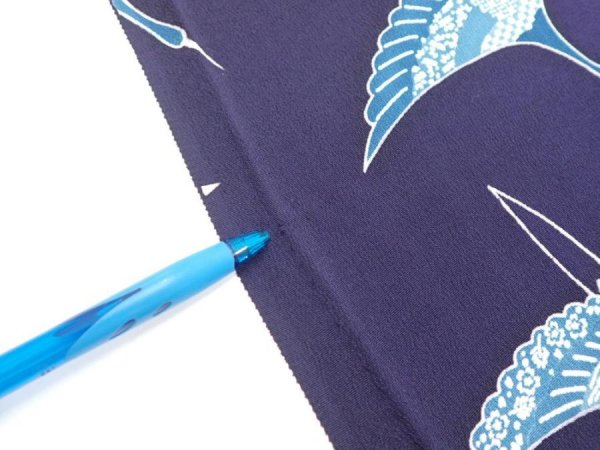 Photo6: 3J01z80  Japanese Kimono Silk  FABRIC Flying crane Dark navy 59.8x14.4 (6)