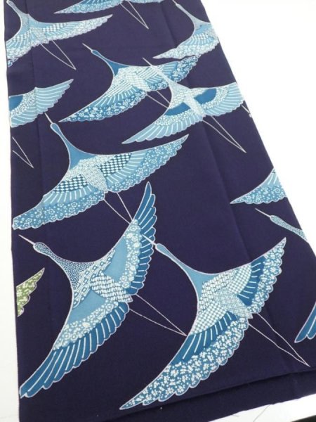 Photo1: 3J03z100  Japanese Kimono Silk  FABRIC Flying crane Dark navy 69.3x14.4 (1)