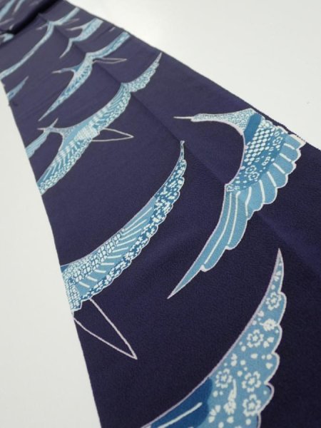 Photo1: 3J09z60  Japanese Kimono Silk  FABRIC Flying crane Dark navy 86.6x7.1 (1)