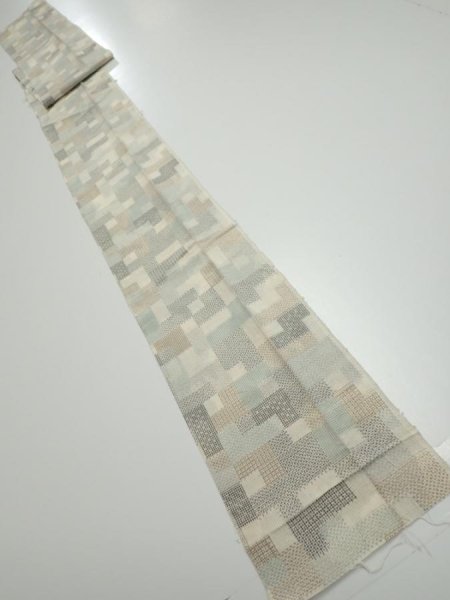 Photo5: 3J09z50  Japanese Kimono Silk TSUMUGI FABRIC  Off-white 79.9x7.1 (5)