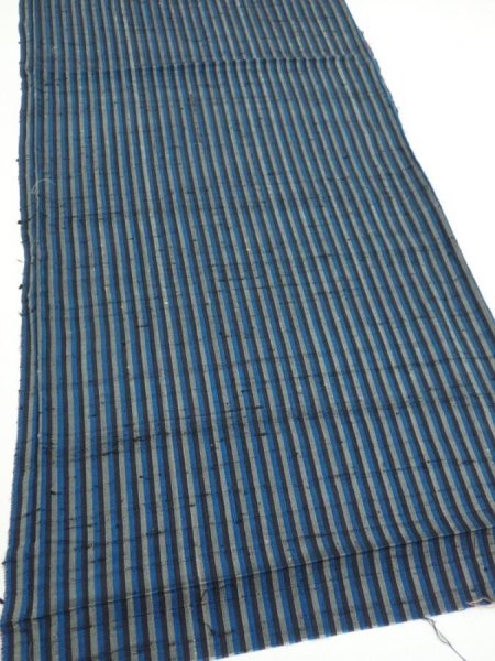 Photo3: 3J01z50  Japanese Kimono Silk TSUMUGI FABRIC Stripe Dark blue 41.3x15.0 (3)