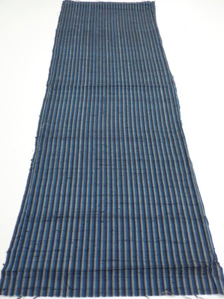 Photo5: 3J01z50  Japanese Kimono Silk TSUMUGI FABRIC Stripe Dark blue 41.3x15.0 (5)