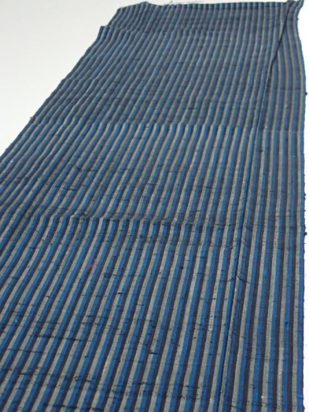 Photo4: 3J05z80  Japanese Kimono Silk TSUMUGI FABRIC Stripe Dark blue 66.1x14.8 (4)
