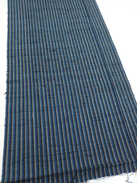 Photo3: 3J06z90  Japanese Kimono Silk TSUMUGI FABRIC Stripe Dark blue 65.7x14.8 (3)