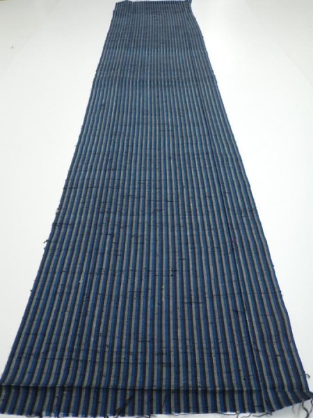 Photo5: 3J06z90  Japanese Kimono Silk TSUMUGI FABRIC Stripe Dark blue 65.7x14.8 (5)