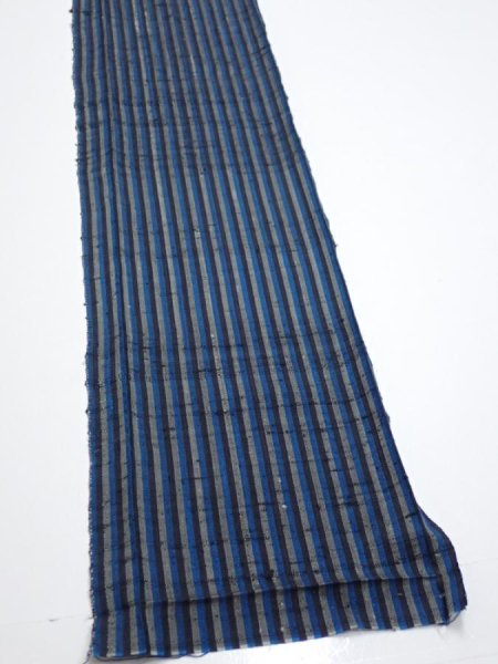 Photo2: 3J07z40  Japanese Kimono Silk TSUMUGI FABRIC Stripe Dark blue 60.6x7.3 (2)