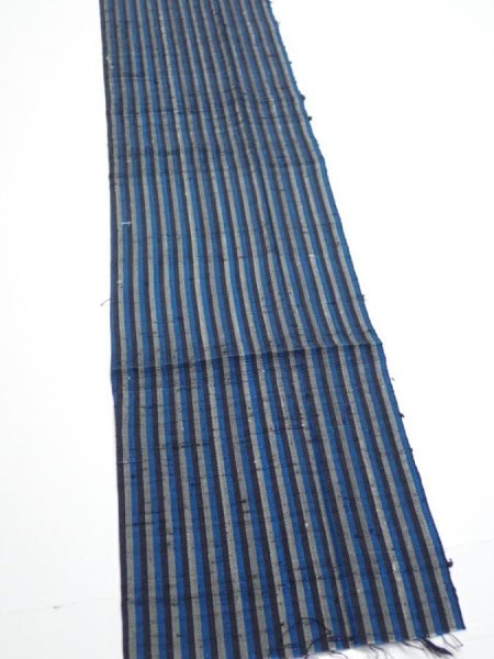 Photo2: 3J09z60  Japanese Kimono Silk TSUMUGI FABRIC Stripe Dark blue 86.6x7.3 (2)