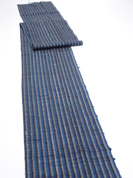 Photo3: 3J09z60  Japanese Kimono Silk TSUMUGI FABRIC Stripe Dark blue 86.6x7.3 (3)