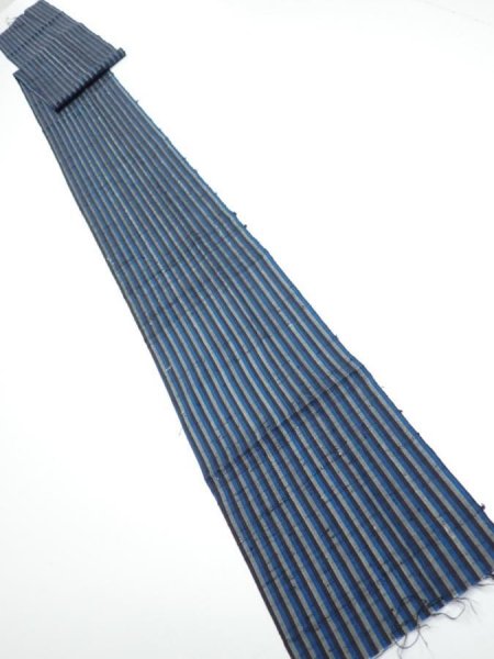 Photo5: 3J09z60  Japanese Kimono Silk TSUMUGI FABRIC Stripe Dark blue 86.6x7.3 (5)