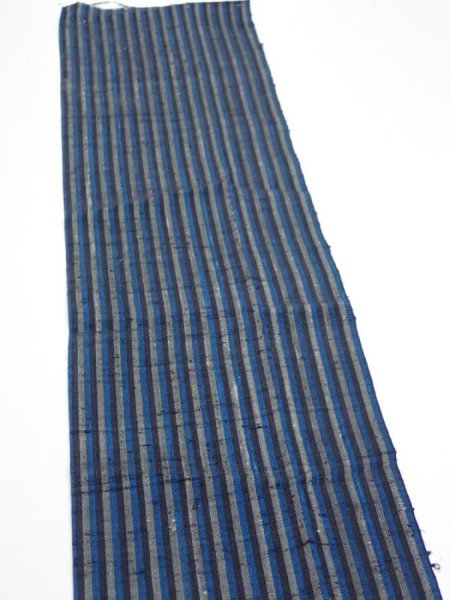 Photo4: 3J10z30  Japanese Kimono Silk TSUMUGI FABRIC Stripe Dark blue 35.0x7.5 (4)