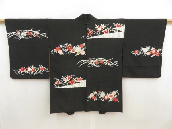 Photo1: 5531T04z670 Vintage Japanese Kimono Silk HAORI Chrysanthemum Black (1)