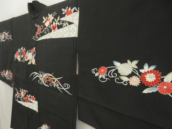 Photo2: 5531T04z670 Vintage Japanese Kimono Silk HAORI Chrysanthemum Black (2)