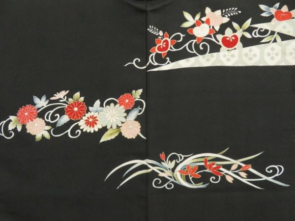 Photo3: 5531T04z670 Vintage Japanese Kimono Silk HAORI Chrysanthemum Black (3)