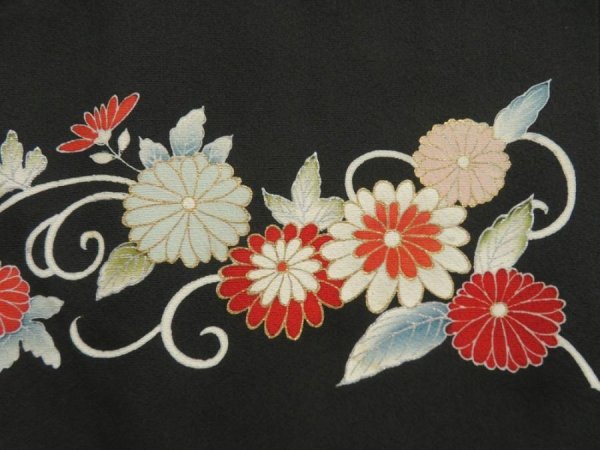 Photo4: 5531T04z670 Vintage Japanese Kimono Silk HAORI Chrysanthemum Black (4)