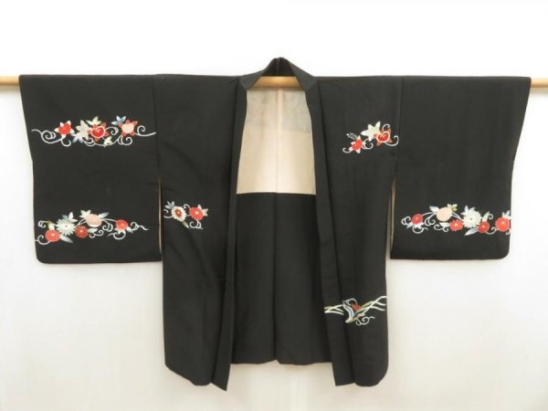 Photo5: 5531T04z670 Vintage Japanese Kimono Silk HAORI Chrysanthemum Black (5)