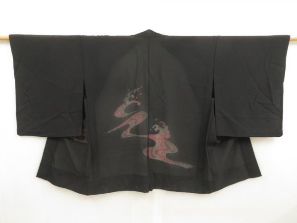 Photo1: 5531T10z290 Vintage Japanese Kimono Silk See through HAORI Wave Black (1)