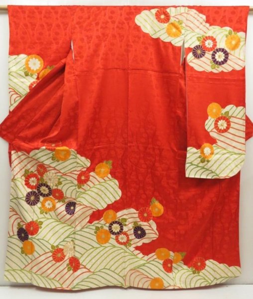 Photo1: 5531T11z980 Vintage Japanese Kimono Silk FURISODE Chrysanthemum Orange-Red (1)