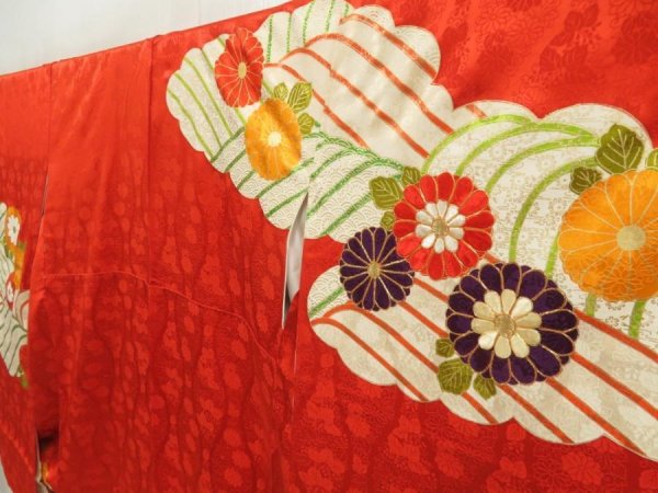 Photo2: 5531T11z980 Vintage Japanese Kimono Silk FURISODE Chrysanthemum Orange-Red (2)