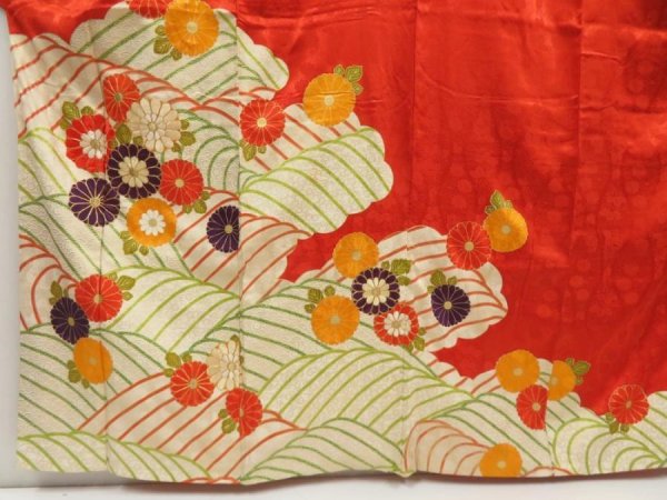 Photo3: 5531T11z980 Vintage Japanese Kimono Silk FURISODE Chrysanthemum Orange-Red (3)