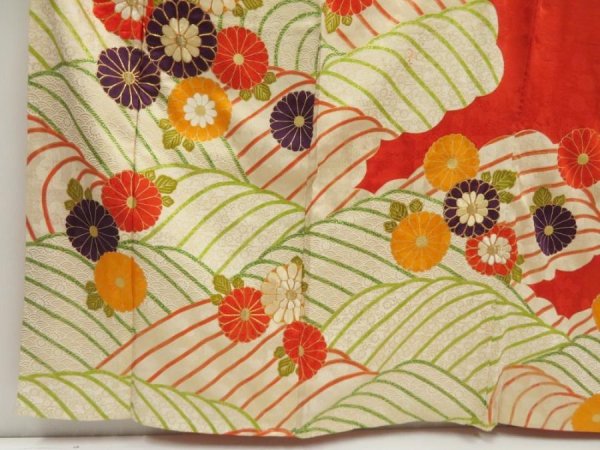 Photo4: 5531T11z980 Vintage Japanese Kimono Silk FURISODE Chrysanthemum Orange-Red (4)