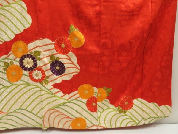 Photo5: 5531T11z980 Vintage Japanese Kimono Silk FURISODE Chrysanthemum Orange-Red (5)