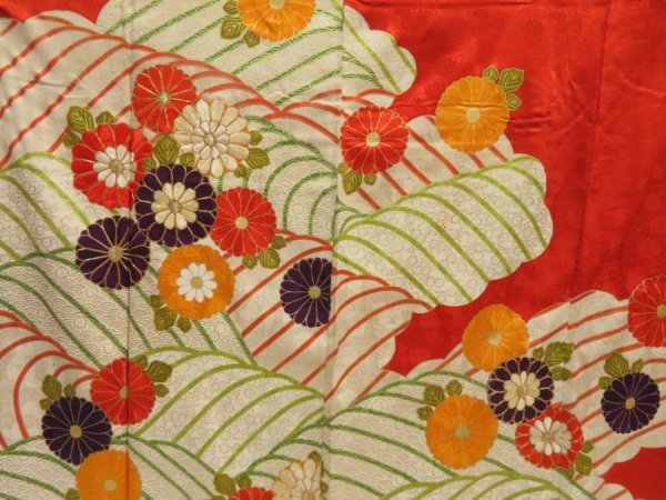 Photo6: 5531T11z980 Vintage Japanese Kimono Silk FURISODE Chrysanthemum Orange-Red (6)
