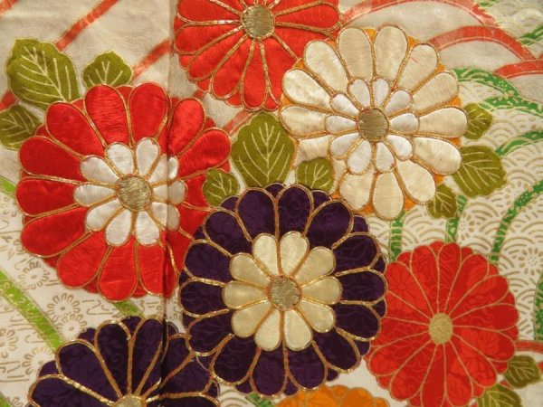 Photo7: 5531T11z980 Vintage Japanese Kimono Silk FURISODE Chrysanthemum Orange-Red (7)