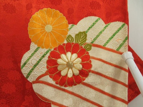 Photo8: 5531T11z980 Vintage Japanese Kimono Silk FURISODE Chrysanthemum Orange-Red (8)