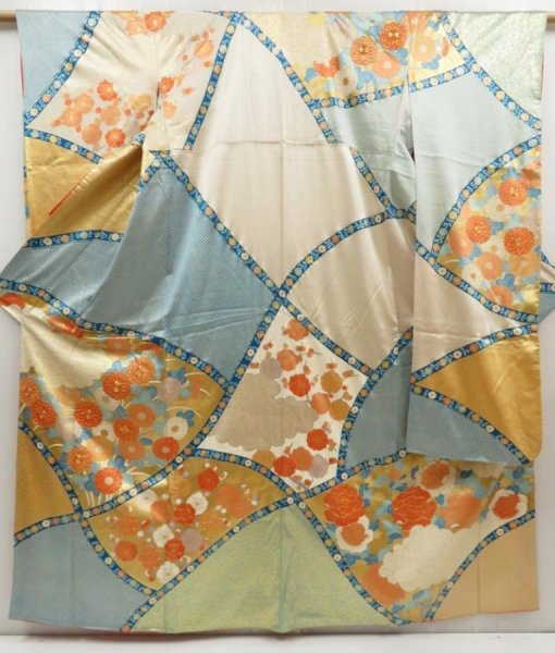Photo1: 5531T12z1380 Vintage Japanese Kimono Silk FURISODE Dull sea blue (1)