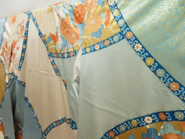 Photo2: 5531T12z1380 Vintage Japanese Kimono Silk FURISODE Dull sea blue (2)