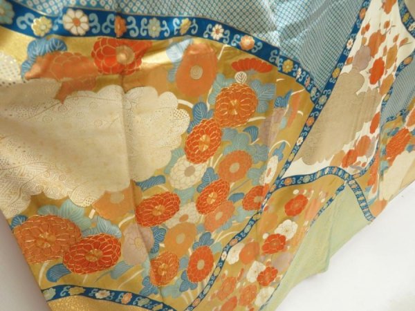 Photo3: 5531T12z1380 Vintage Japanese Kimono Silk FURISODE Dull sea blue (3)