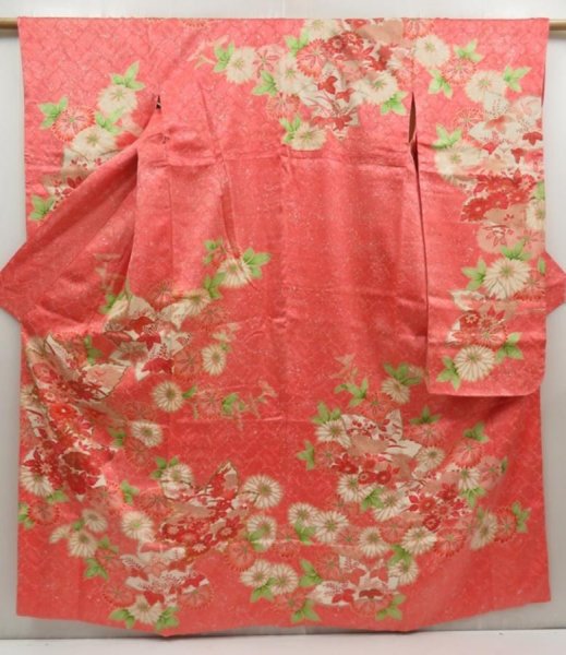 Photo1: 5531T14z1010 Vintage Japanese Kimono Silk FURISODE Flowers Coral pink (1)