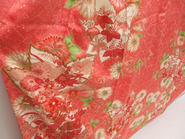 Photo3: 5531T14z1010 Vintage Japanese Kimono Silk FURISODE Flowers Coral pink (3)