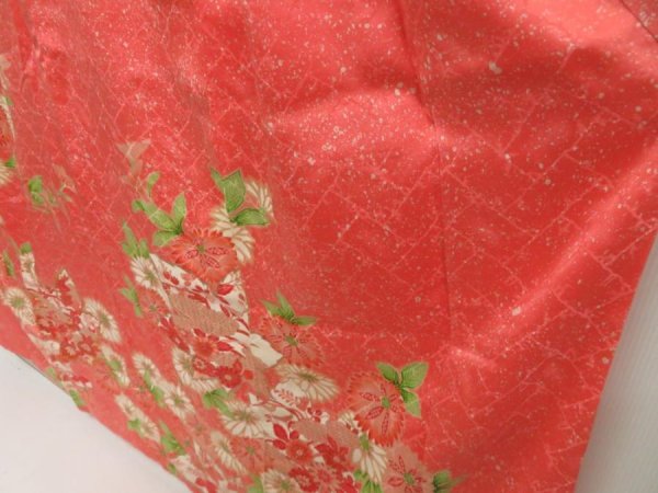 Photo4: 5531T14z1010 Vintage Japanese Kimono Silk FURISODE Flowers Coral pink (4)