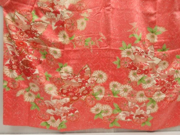 Photo5: 5531T14z1010 Vintage Japanese Kimono Silk FURISODE Flowers Coral pink (5)