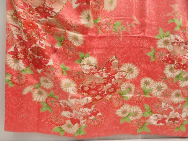Photo6: 5531T14z1010 Vintage Japanese Kimono Silk FURISODE Flowers Coral pink (6)