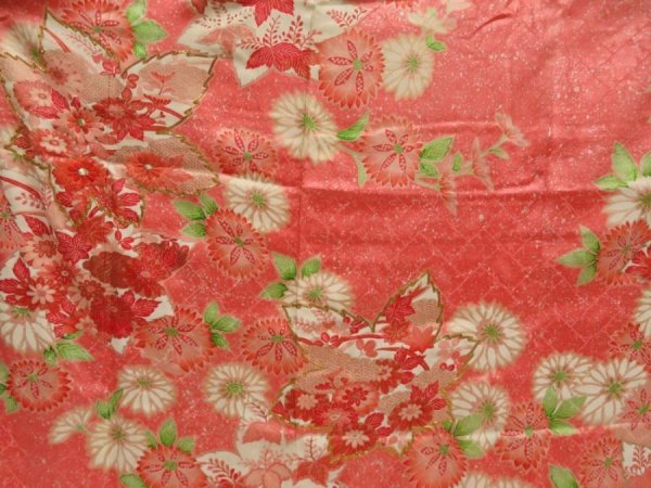 Photo8: 5531T14z1010 Vintage Japanese Kimono Silk FURISODE Flowers Coral pink (8)